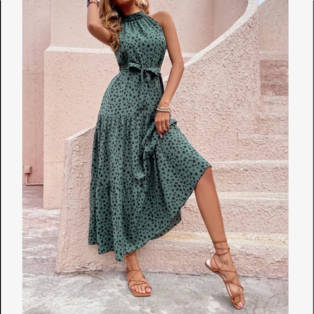 Boho Polka Dots Print Flounce Halter Belted Maxi Dress - Picture 6 of 13